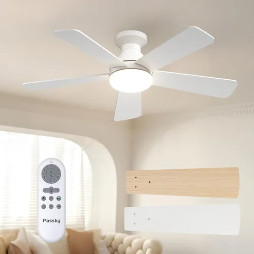 Vista 17 de Passky Ventiladores de techo con luces, ventilador de techo de montaje empotrado de 42 pulgadas con control remoto, ventilador de techo de perfil