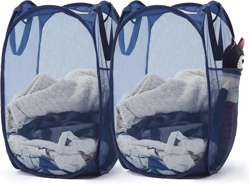 Vista 19 de TECHMILLY Cesta plegable de malla para la ropa sucia con asas resistentes y bolsillo lateral, cestas plegables portátiles para ropa para dormitorio