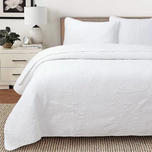Vista 15 de Cozy Line Home Fashions - Juego de edredón de cama de algodón 100% Victoriano con medallón sólido blanco, matelassé, grabado, reversible, ligero