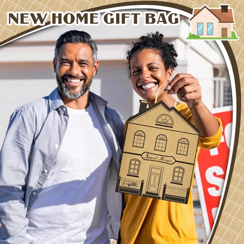 Vista 5 de Geosar 12 bolsas de regalo en forma de casa con asas, regalos para agentes inmobiliarios, bolsas de papel kraft con forma de casa para regalos