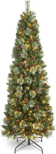 Árbol de Navidad artificial preiluminado de 6.5 pies, árbol de Navidad artificial de pino con 250 luces LED, agujas de pino y conos de pino para