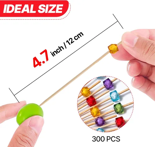 Vista 3 de PuTwo palillos de cóctel hechos a mano 300 unidades palillos de cóctel de bambú natural con cuentas cúbicas en los extremos, ecológicos, pinchos