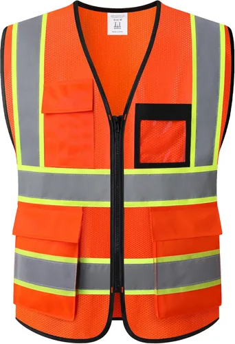 Vista 11 de Chaleco de seguridad para mujer, chaleco de alta visibilidad con 8 bolsillos y cremallera frontal, chaleco reflectante de malla que cumple
