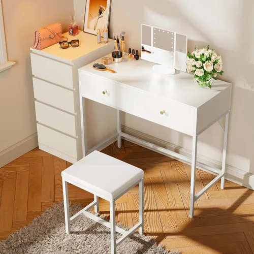 Vista 2 de SUPERJARE Escritorio de tocador, tocador de maquillaje con espejo iluminado, escritorio blanco con cajones, escritorio de maquillaje de 35.4