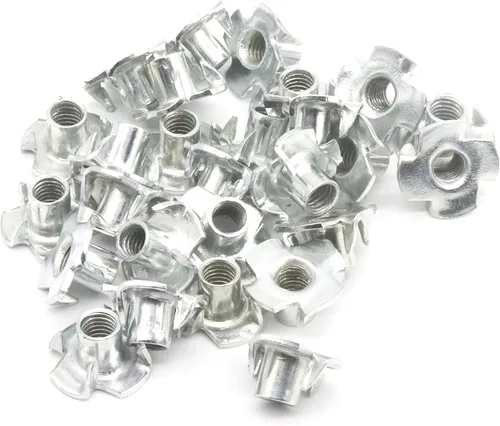 Vista 4 de binifiMux 100 tuercas imperiales de 4 puntas de acero al carbono de 1/4-20 x 5/16 pulgadas, tuercas en T chapadas en zinc para muebles de madera