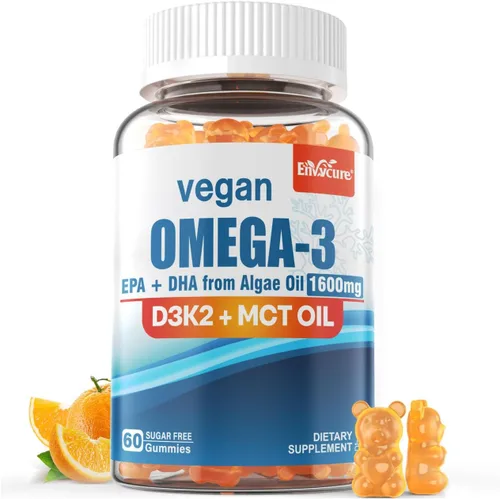 Gomitas veganas Omega 3 de 1280 mg + vitamina D3 K2 (MK7), alternativa al aceite de pescado Omega 3 para adultos, con algas EPA 600 mg y DHA 400 mg,
