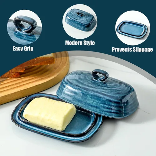 Vista 2 de glowworm Mantequillera de cerámica con tapa, plato de mantequilla de 7.3 pulgadas con asa, platos de mantequilla de granja para encimera, decoración