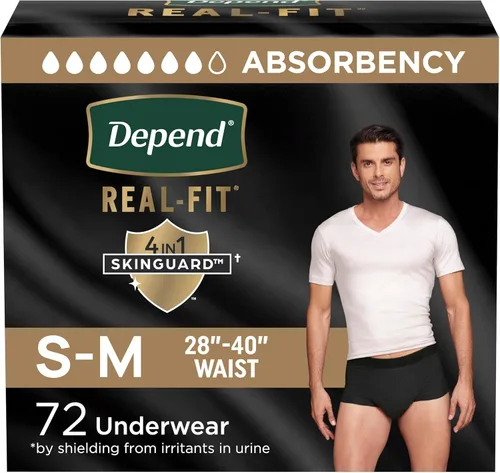Vista 15 de Depend Real Fit - Pañales para adultos, ropa interior para incontinencia para hombre, desechable, máxima absorción, S/M, negro, 56