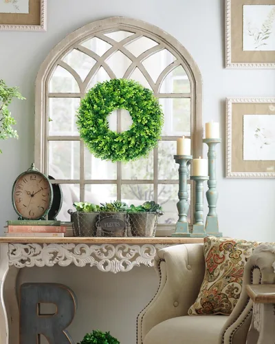 Vista 5 de DDHS Corona de boj de 18 pulgadas para puerta principal – Corona artificial verde de casa de campo, decoración DIY para primavera, verano, otoño e