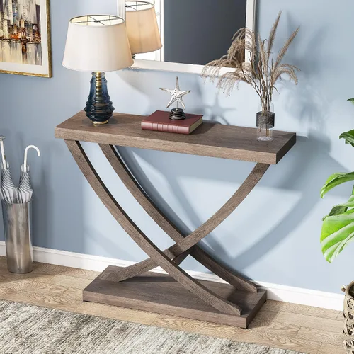 Vista 4 de Tribesigns Mesa consola, mesa de entrada rústica industrial para pasillo, mesa de sofá de madera de granja de 35 pulgadas, mesas decorativas gruesas