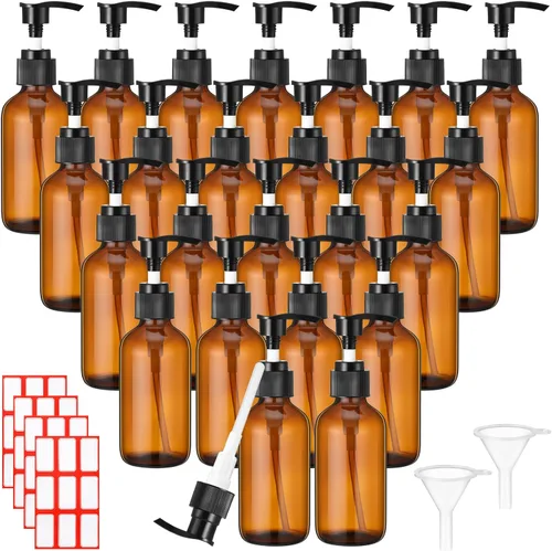 Vista 12 de Tanlade 12 piezas Dispensador de botella de bomba de vidrio 4 oz Botellas de viaje con bomba Envases de vidrio rellenables para artículos de tocador