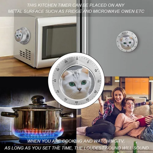 Vista 4 de Cute White Cat Kitchen Timers for Cooking Stainless Steel Chef Cooking Timer Clock Magnetic Manual Countdown Timers 60 Minute Wind Up Timer with