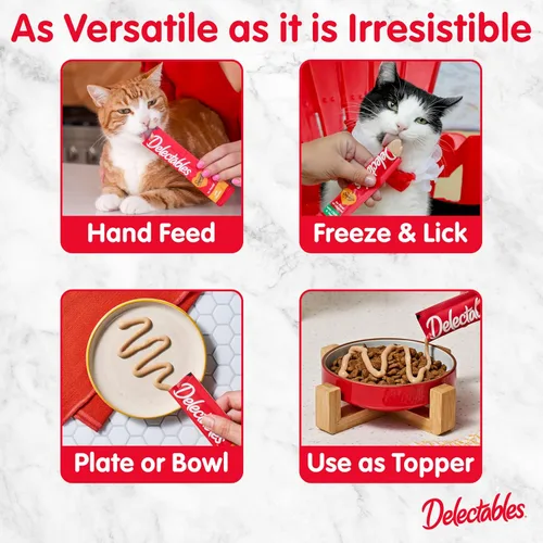 Vista 5 de Delectables Squeeze Up - Paquete variado de puré cremoso exprimible, golosinas húmedas para lamer para gatos, sin granos, sin rellenos añadidos, sin