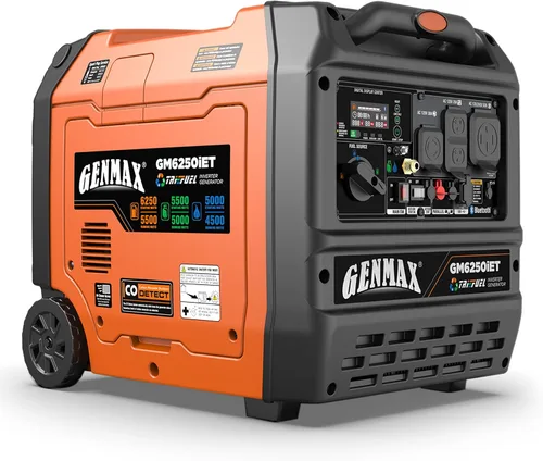 GENMAX Generador inversor silencioso de 6250 W de tres combustibles (modelo 2026) cuenta con arranque y parada automática de 2 cables, control de