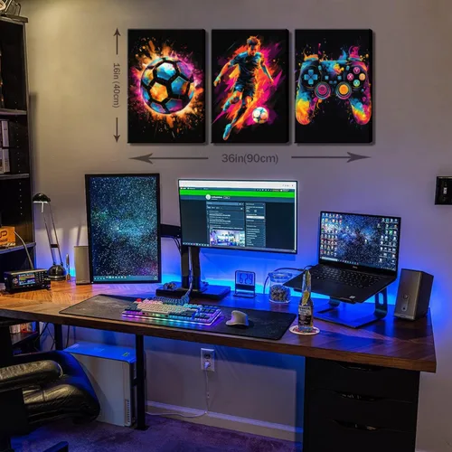 Vista 3 de BGFCE Arte de Lienzo de Pared para Gaming, Pinturas de Arte de Controlador de Juego con Salpicaduras de Tinta de Color, Pósteres para Estética