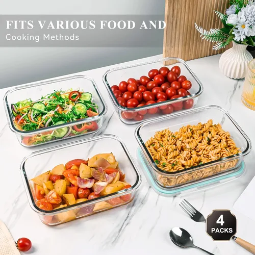 Vista 7 de GEHE Paquete de 4 recipientes grandes de vidrio de almacenamiento de alimentos de 52 onzas con tapas, recipientes de vidrio para preparación