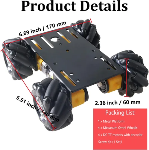 Vista 2 de MC100 4WD Mecanum Wheel Chasis de coche con motor TT, kit de coche inteligente de control remoto con rueda omnidireccional de 2.362 in para Negro