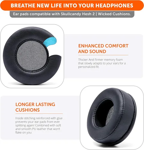 Vista 3 de WC Wicked Cushion - Almohadillas extra gruesas para auriculares inalámbricos Skullcandy Hesh Hesh con cable y Hesh 2, color negro