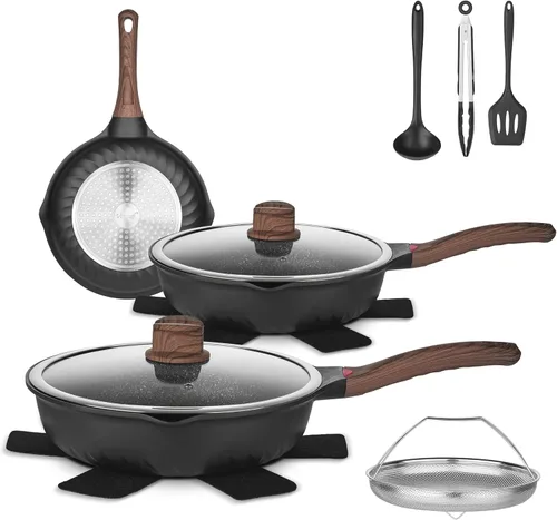Vinchef Juego de ollas y sartenes, juego de utensilios de cocina antiadherentes para inducción de 12 piezas con asas que se mantienen frías,