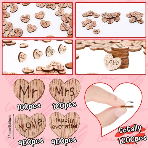 Vista 3 de Blulu 1000 piezas de confeti de corazón de madera pequeño para manualidades, mesa de boda rústica, centros de mesa de amor, decoración de tartas