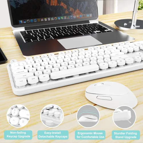 Vista 6 de Combo de teclado y mouse inalámbricos, teclado ergonómico de tamaño completo con diseño retro tipo máquina de escribir, con teclas redondas, Blanco