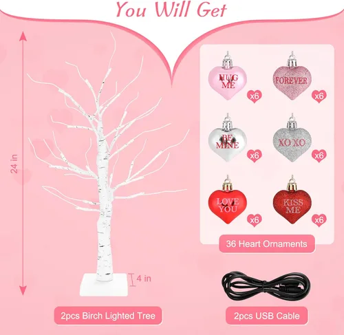Vista 3 de Decoración de árbol de abedul iluminado para el día de San Valentín, mesa pequeña de 24 pulgadas, decoración de árboles de luz LED artificiales