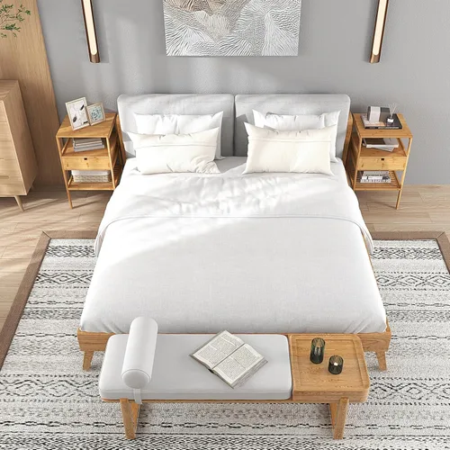 Vista 5 de LOKO Mesita de noche de bambú, mesitas de noche de madera con cajón extraíble y estante de almacenamiento, mesas auxiliares de estilo simple