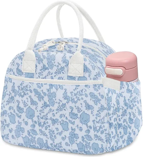 Vista 15 de Carry bloom Lonchera para mujer, lonchera aislada, bonita lonchera de pana reutilizable para el trabajo (1 rayas blancas y negras)