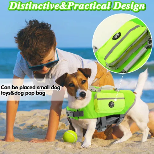 Vista 3 de EMUST Chaleco salvavidas para perros pequeños ajustables con flotabilidad mejorada, chaleco flotante para perros pequeños con asa de rescate Verde