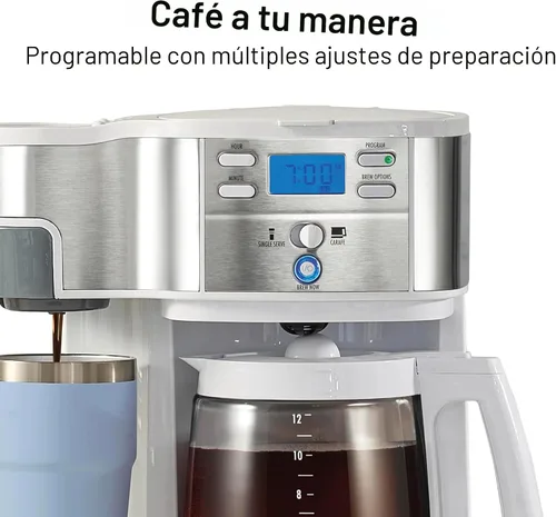 Vista 7 de Hamilton Beach Cafetera programable de dos modos, jarra de vidrio para 12 tazas y cafetera de porción individual, color blanco con detalles en acero