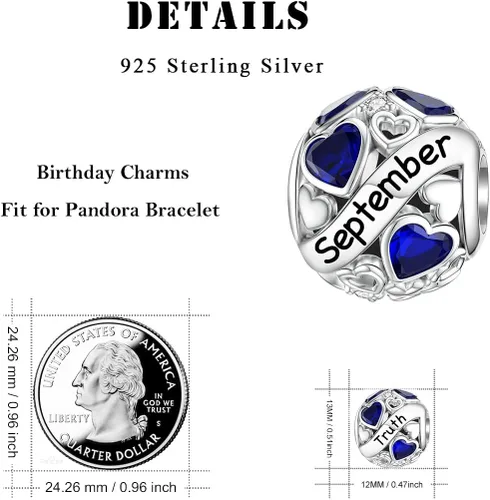 Vista 5 de DALARAN Dijes de piedra natal para pulsera de plata de ley 925 con cuentas de corazón de feliz cumpleaños para mujer