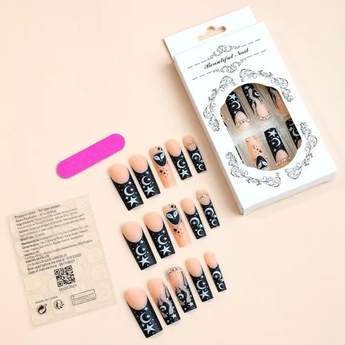 Vista 14 de LPOODDNU 24 uñas postizas largas cuadradas a presión, uñas postizas francesas, uñas acrílicas de color rosa brillante, cobertura completa, perlas