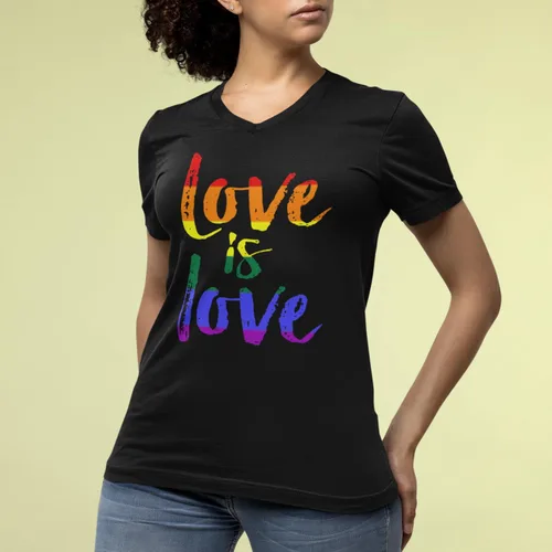 Vista 2 de Love is Love - Camiseta con cuello en V para mujer, diseño de orgullo gay Negro