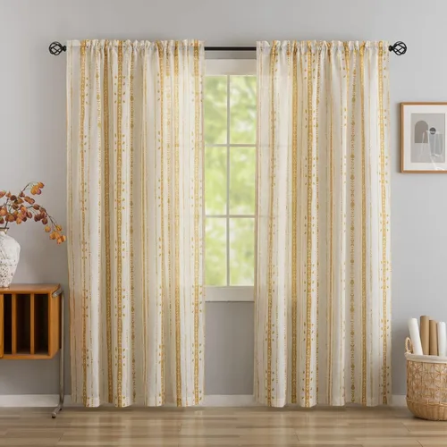 Vista 15 de Juego de 2 paneles de cortinas de lino bohemio, cortinas de semi privacidad para sala de estar, cortinas rústicas de campo de 54 pulgadas de largo