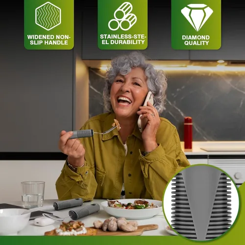 Vista 3 de Juego de 4 utensilios adaptativos para temblores de manos, Parkinson, artritis, pesado, fácil agarre, asas extra anchas - cuchillo, tenedor
