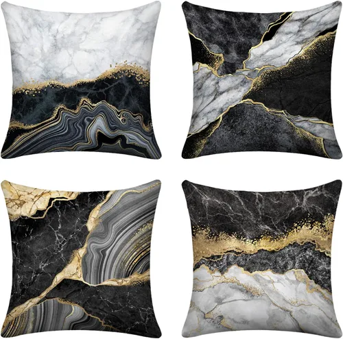 Juego de 4 fundas de almohada de color negro y dorado para sala de estar, 18 x 18 pulgadas, diseño abstracto de mármol, almohadas decorativas para