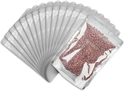 Vista 7 de 5" x 8" Stand Up Pouch Bags, 100 Pack – Clear Front & Aluminum Foil Back, Resealable and Heat Sealable Storage Bags for Food, Snacks, Coffee, Candy