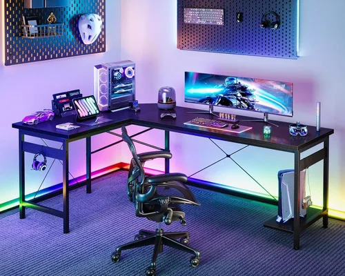 Vista 2 de Coleshome - Escritorio gaming en forma de L de 66 pulgadas, escritorio esquinero de computadora, mesa para computadora resistente para oficina