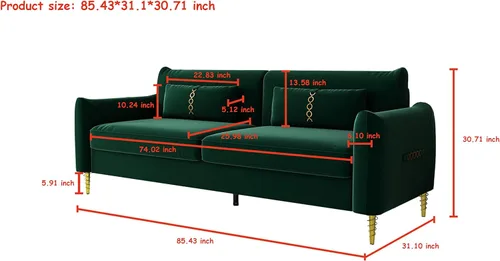 Vista 2 de Kadway Sofá biplaza verde, sofá de terciopelo de 86 pulgadas para 3-4 personas, moderno sofá tapizado con patas de metal dorado, sofá biplaza, sofás