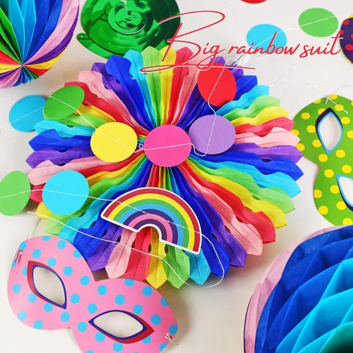 Vista 4 de Decoraciones de cumpleaños, decoraciones de fiesta de arcoíris, 3 bolas de panal de abeja, 2 abanicos de papel de panal, 8 espirales colgantes, 2
