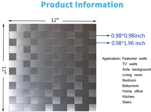 Vista 3 de YMMXGE Azulejo de 10 hojas para salpicaduras de despegar y pegar, adhesivo de metal autoadhesivo, azulejos de mosaico de aluminio cepillado