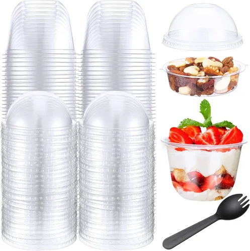Vista 9 de 60 paquetes de tazas de postre transparentes de plástico con tapas de cúpula sin agujero, desechables, con cuchara-tenedor insertado, redondas