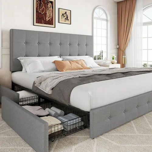 Vista 22 de Allewie - Base de cama con plataforma tapizada tamaño Queen, con 4 cajones de almacenamiento y cabecera, botón cosido en forma de diamante, base