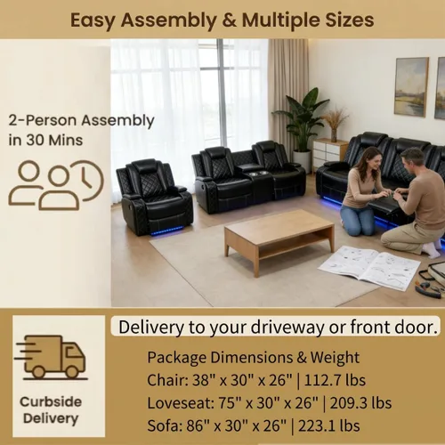 Vista 7 de Juego de sillón reclinable eléctrico + sofá biplaza + sofá, juego de sofá reclinable eléctrico con iluminación LED, cuero transpirable, cubos