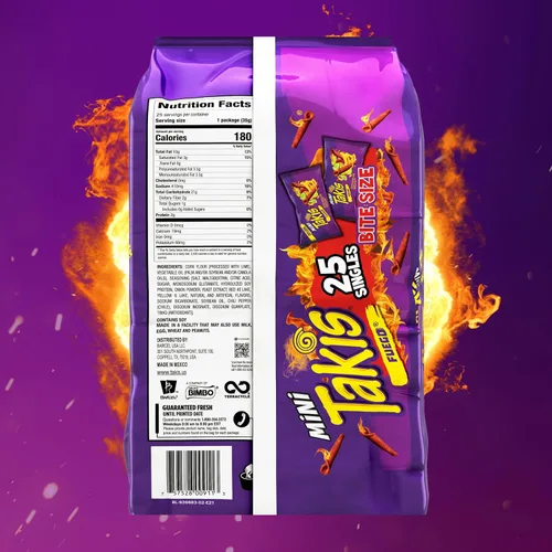 Vista 2 de Takis Fuego Mini 25 piezas / 1.23 oz Paquete múltiple de tamaño bocado, nachos de tortilla enrollada extremadamente picante con sabor a pimiento