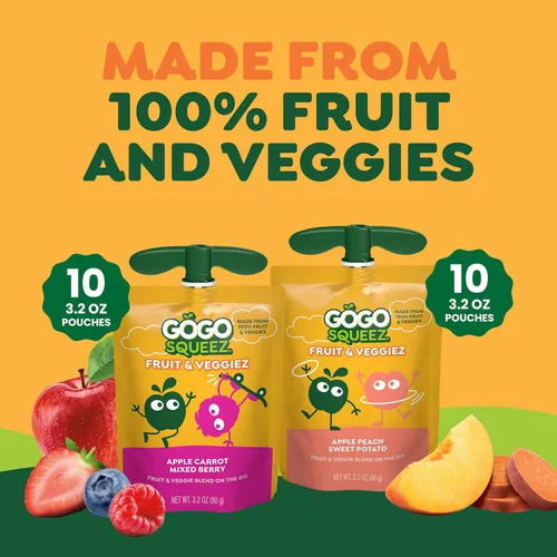 Vista 6 de GoGo squeeZ Fruit & veggieZ Paquete variado de puré de manzana y verduras, Pedal Peach y Boulder Berry, 3.2 onzas (paquete de 20), aperitivos sin
