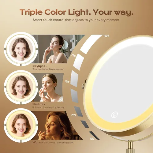 Vista 3 de Espejo de maquillaje iluminado, espejo de tocador de doble cara con aumento magnificable recargable de 5000 mAh con 3 colores, 1x/20x, rotación