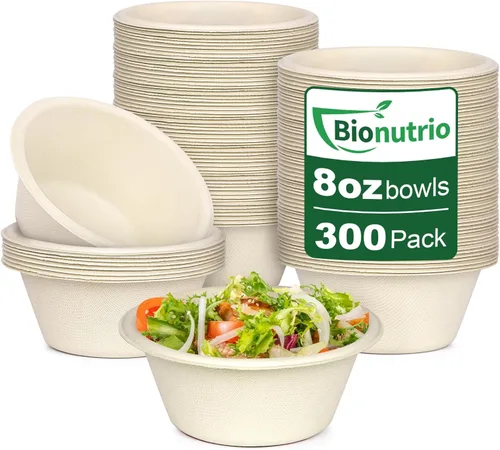 Paquete de 300 cuencos pequeños de papel de 8 onzas, cuencos de bagazo desechables compostables, cuencos de fibra de caña de azúcar biodegradables