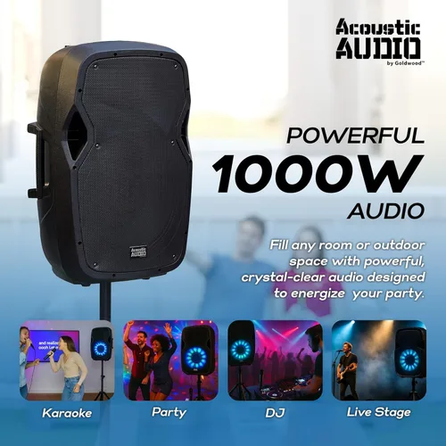 Vista 6 de Acoustic Audio by Goldwood 1000W Altavoz Bluetooth con LED intermitente, gran sistema de sonido PA enchufable con soporte, micrófono y control
