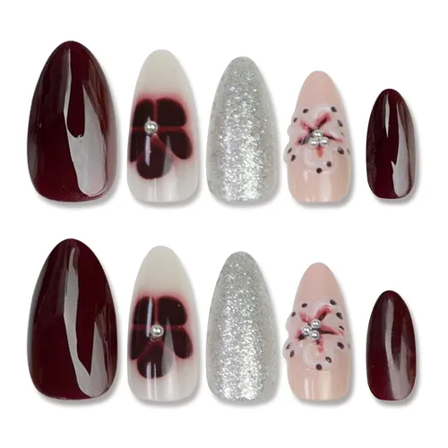 Vista 19 de Uñas postizas a presión en forma de almendra, uñas falsas medianas con diseños de arcos 3D, perlas y strass, puntas francesas, uñas a presión